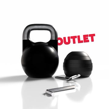 Vista frontale del Flexibell 2 kettlebell componibile con manico in acciaio e corpo nero, accanto a peso sferico e attrezzi di montaggio