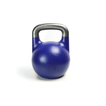 Vista frontale della kettlebell da competizione Hollow Pro‑Balance Elite 12 kg con rivestimento blu e impugnatura in acciaio, su sfondo bianco